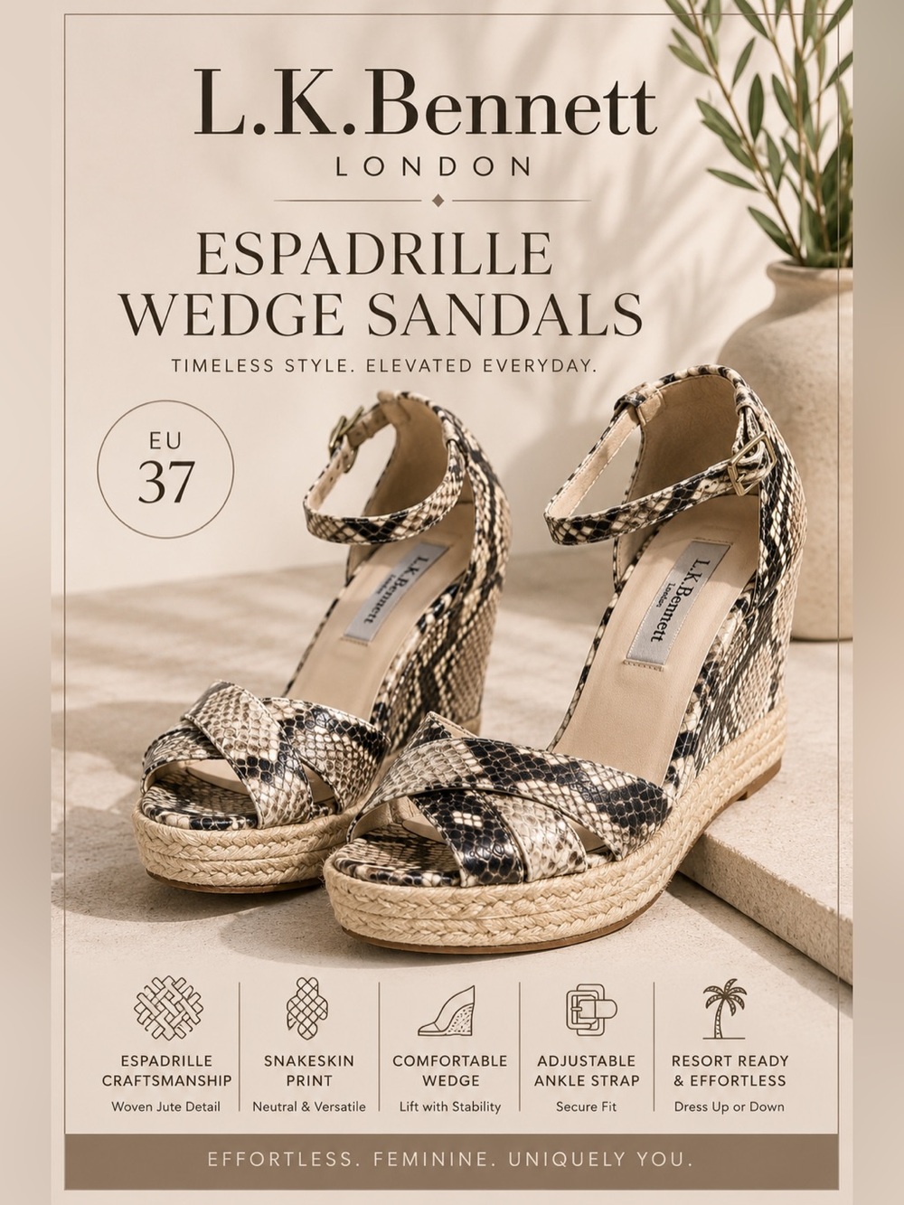 L.K. Bennett Snakeskin Print Espadrille Wedge Sandals EU 37
